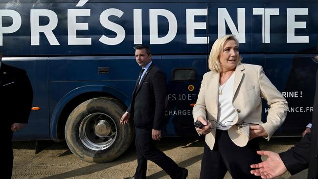 French far-right candidate Marine Le Pen campaigns at a grain farm in Burgundy on Monday. Picture: AFP