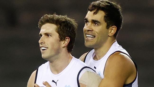 Marc Murphy and Jack Martin celebrate after knocking off St Kilda on Friday night.