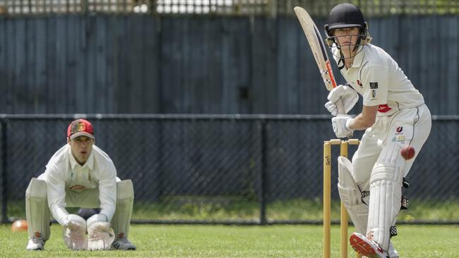 CSB: Beaumaris keeper Aidan Fulcher and Bonbeach bat Daniel Mueller. Picture: Valeriu Campan