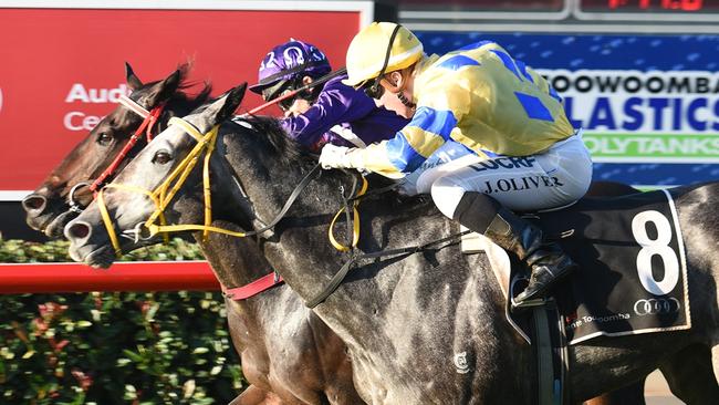 Col 'n' Lil (No.8) and Jumbo Prince deadheat in the Weetwood Handicap at Toowoomba. Picture: Grant Peters, Trackside Photography.