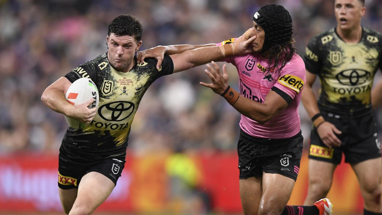 Chad Townsend fends off Jarome Luai during Anzac Round 2024. Picture: NRL Imagery