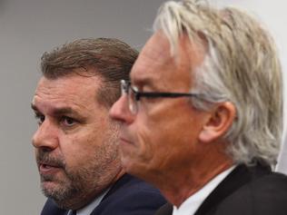 Australia's national football coach Ange Postecoglou speaks at a press conference to announce his resignation beside Football Federation of Australia (FFA) chief David Gallop (R) in Sydney on November 22, 2017. An emotional Ange Postecoglou said on November 22 he will not take Australia to the World Cup next year after a lengthy qualification campaign, leaving the team just months to find a new coach for Russia. / AFP PHOTO / William WEST