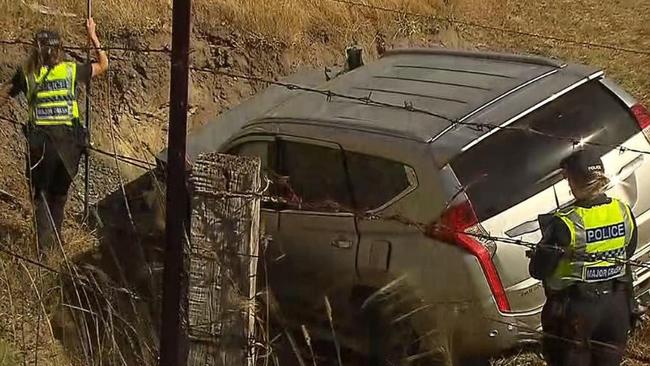 An elderly woman has died after her car crashed down an embankment at Pewsey Vale, on the outskirts of the Barossa Valley. Picture: 7NEWS