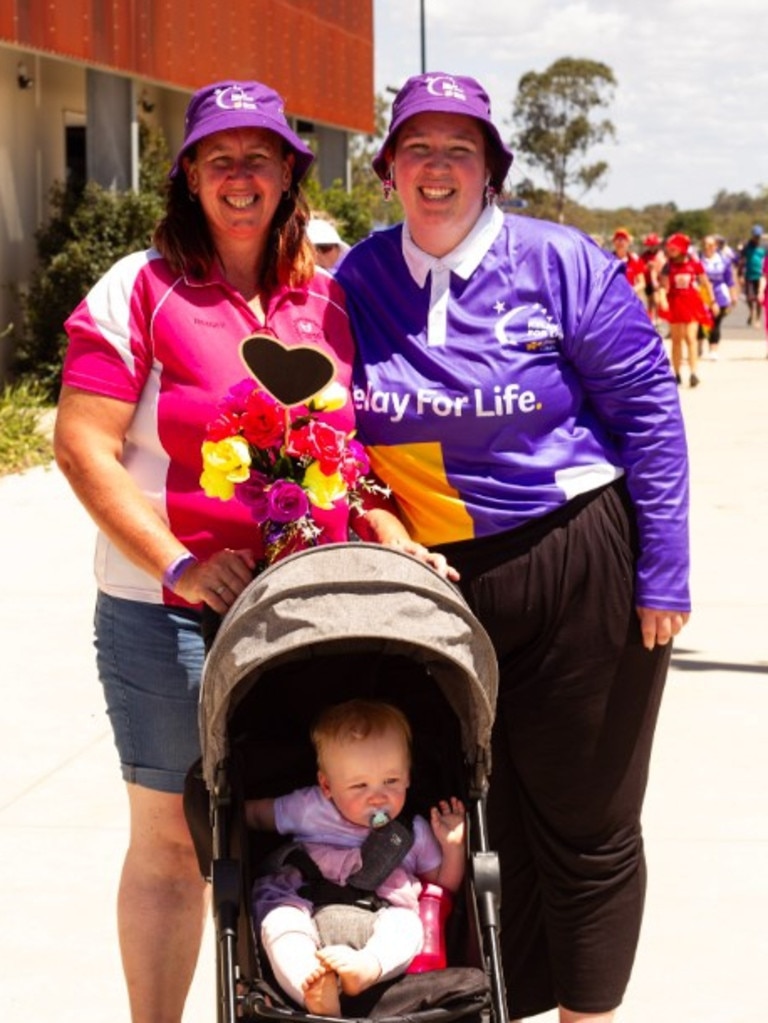 Felicity Manderson, Whitney Wood and baby Raven from team Smiley Support at the 2023 Bundaberg Relay for Life.