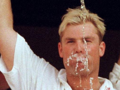 10/08/1997. Australia's Ashes cricket tour of England. Fifth Test at Nottingham. Shane Warne leads the Australian team as it celebrates its victory over England in the fifth Test at Trent Bridge. 1997. 5the Test.