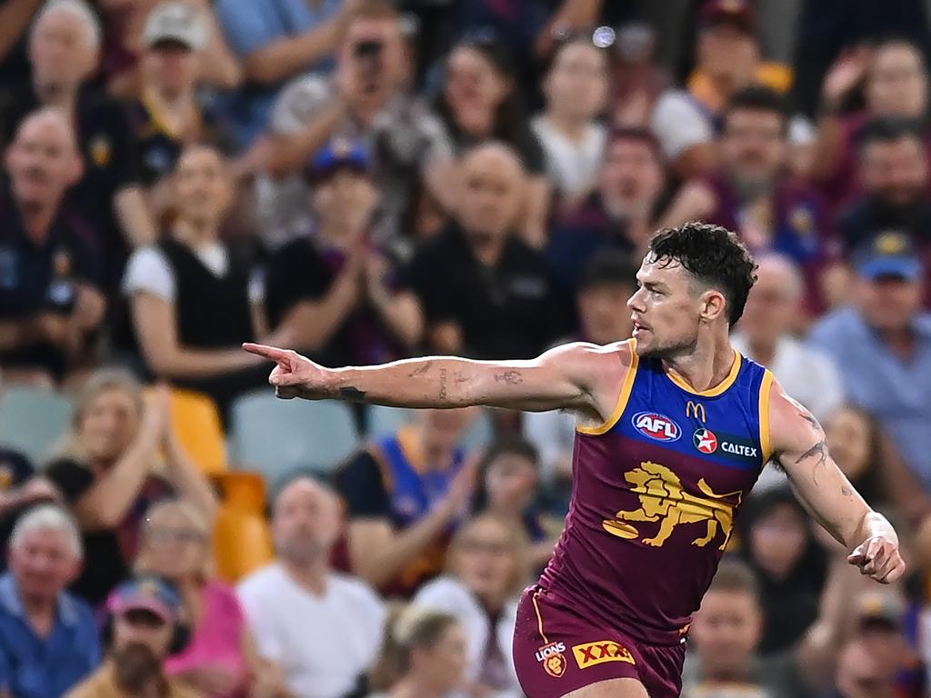 Skipper Lachie Neale was in everything for the Lions despite an injury scare. Picture: Albert Perez/AFL Photos via Getty Images