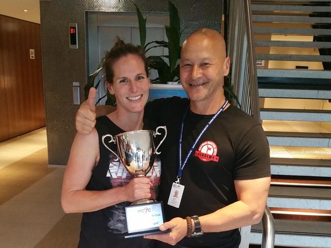 Mosman mum and boxer Vicki McQueen with coach Bill Temm at the Kirribilli Club after McQueen’s win in her debut bout last year.