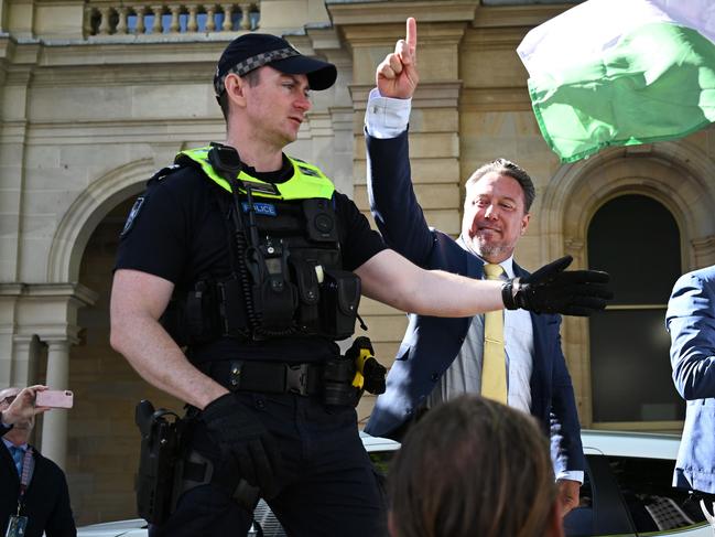 BRISBANE, AUSTRALIA - NewsWire Photos - MARCH 7, 2024.KatterÃs Australian Party (KAP) Queensland state members Nick Dametto (left) and Robbie Katter clash with Pro-Palestinian protesters outside Parliament House in Brisbane. Picture: Dan Peled / NCA NewsWire