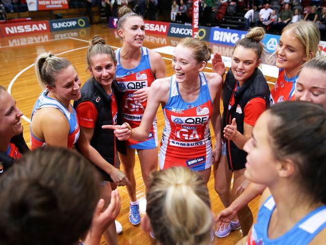 The Swifts celebrate a win at Sydney Olympic Park Sports Centre last year.