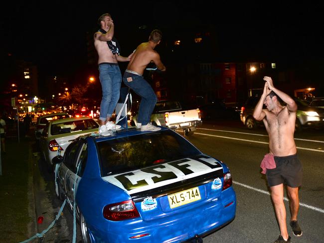 Cronulla fans party hard after their team’s win last night. Picture: Jeremy Piper