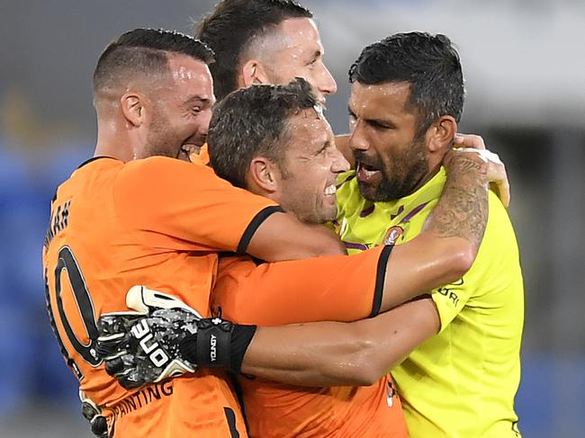 GOLD COAST, AUSTRALIA - MARCH 20: Scott McDonald of the Roar celebrates scoring his team's first goal during the round 27 A-League match between the Brisbane Roar and the Newcastle Jets at Cbus Super Stadium on March 20, 2020 in Gold Coast, Australia. (Photo by Albert Perez/Getty Images)