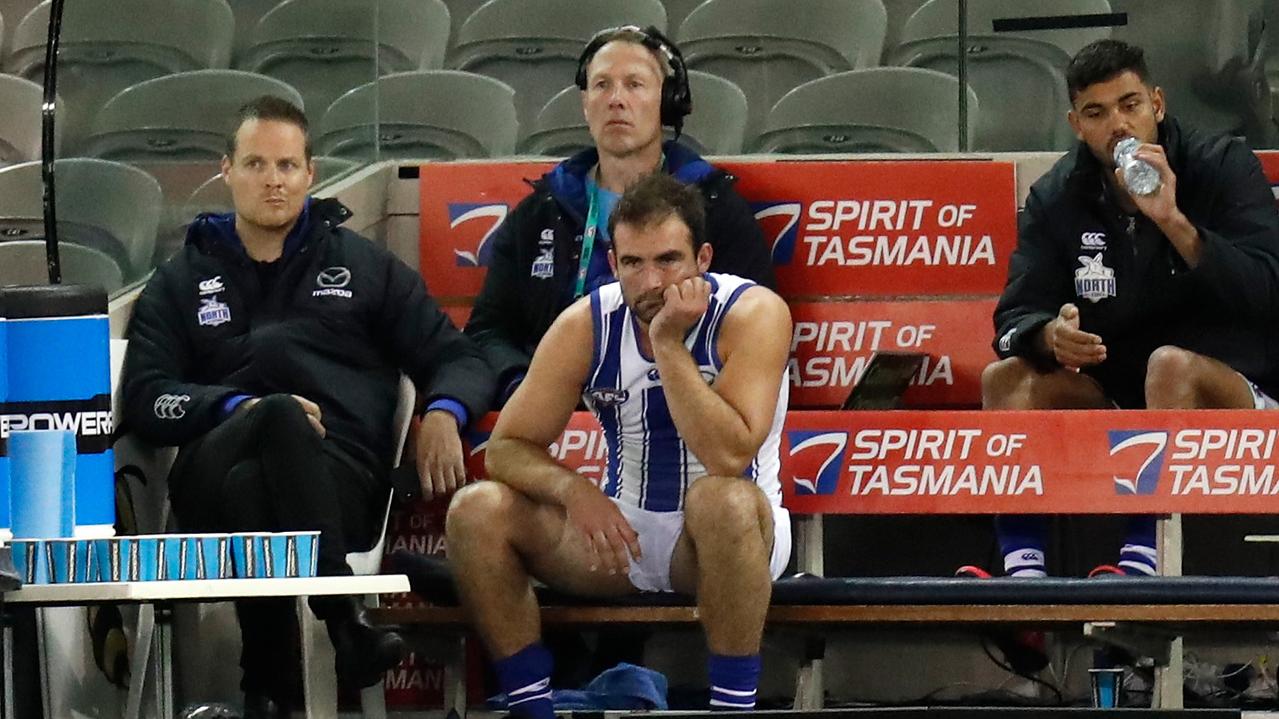 Ben Cunnington was ruled out of the game after just seven touches. Photo: Michael Willson/AFL Photos via Getty Images.