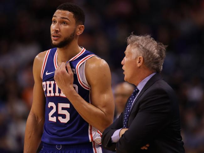 Brett Brown’s relationship with Ben Simmons from his time at Philadelphia will be crucial for the Boomers heading into next year’s Olympics. Picture: Christian Petersen/Getty Images/AFP