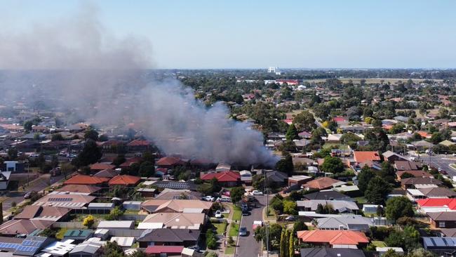 Drone photo of firefighters battling to prevent the spread of the McGrath Rd fire on March 26, 2022. Picture: Country Fire Association.