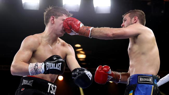 Ben Horn landed a flurry of brutal late blows on Nikita Tszyu, but it wasn’t enough. Picture: Getty Images