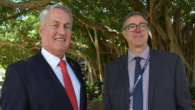 Mackay Regional Council Mayor Greg Williamson, left, welcomes newly selected chief executive officer Michael Thomson following a council meeting on Wednesday, August 12.