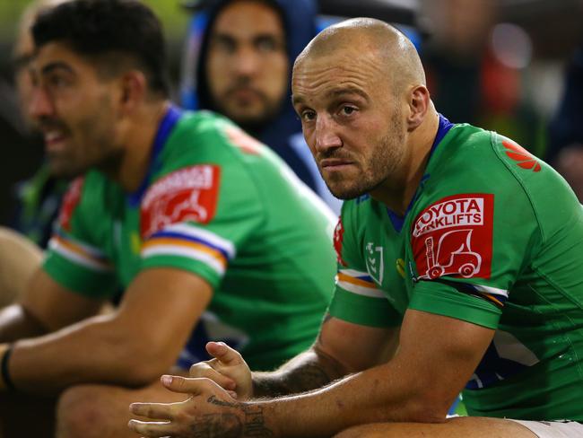 CANBERRA, AUSTRALIA - APRIL 17:  Josh Hodgson of the Raiders looks on during the round six NRL match between the Canberra Raiders and the Parramatta Eels at GIO Stadium on April 17, 2021, in Canberra, Australia. (Photo by Matt Blyth/Getty Images)