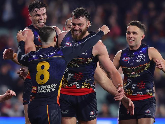 Riley Thilthorpe celebrates his first goal for the year. Picture: Sarah Reed/AFL Photos via Getty Images