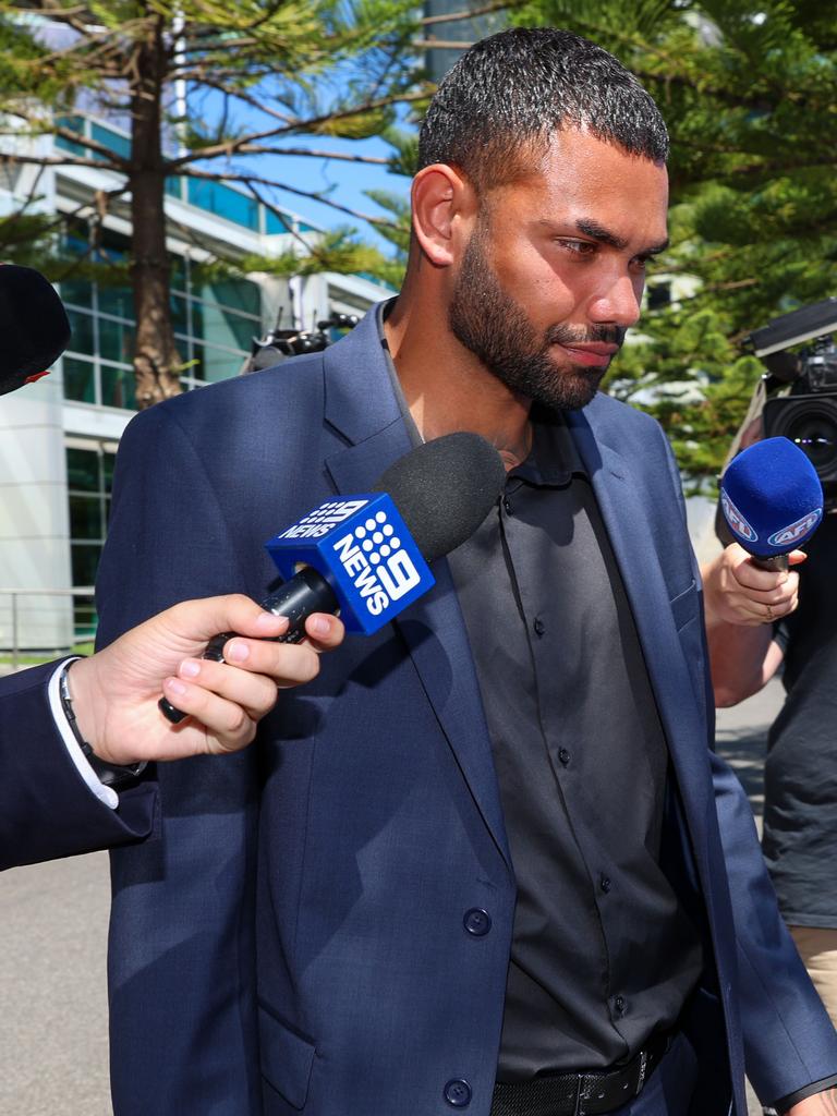 Thomas leaving AFL House after being interviewed in January. Picture: Brendan Beckett