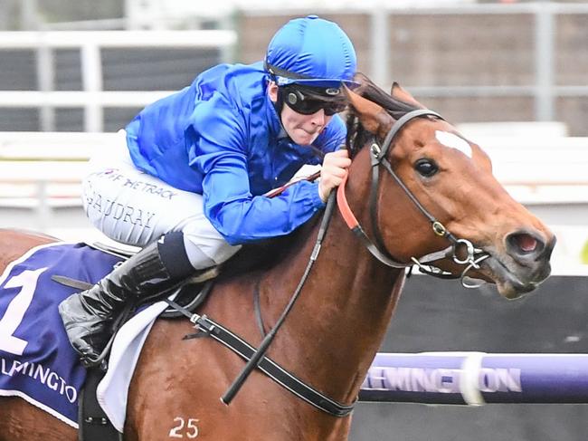 Exploring ridden by Celine Gaudray wins the VRC Member Annabel Cobain Sprint at Flemington Racecourse on July 15, 2023 in Flemington, Australia. (Photo by Brett Holburt/Racing Photos via Getty Images)