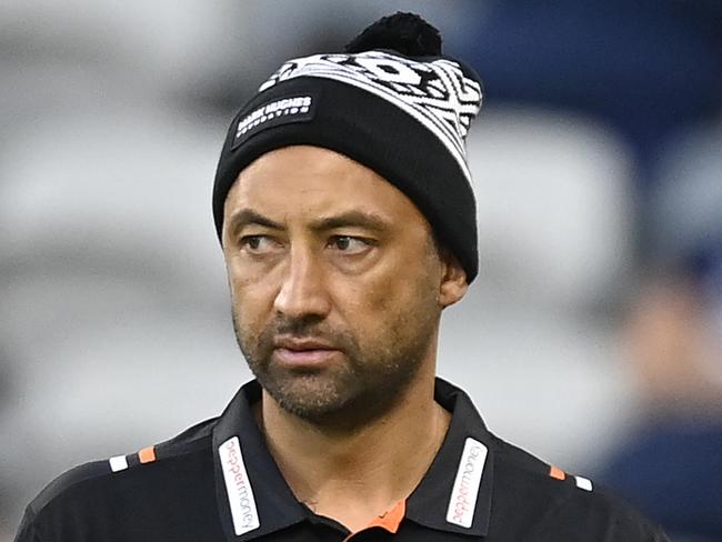 TOWNSVILLE, AUSTRALIA - JULY 01: Tigers assistant coach Benji Marshall looks on before the start of the round 18 NRL match between North Queensland Cowboys and Wests Tigers at Qld Country Bank Stadium on July 01, 2023 in Townsville, Australia. (Photo by Ian Hitchcock/Getty Images)