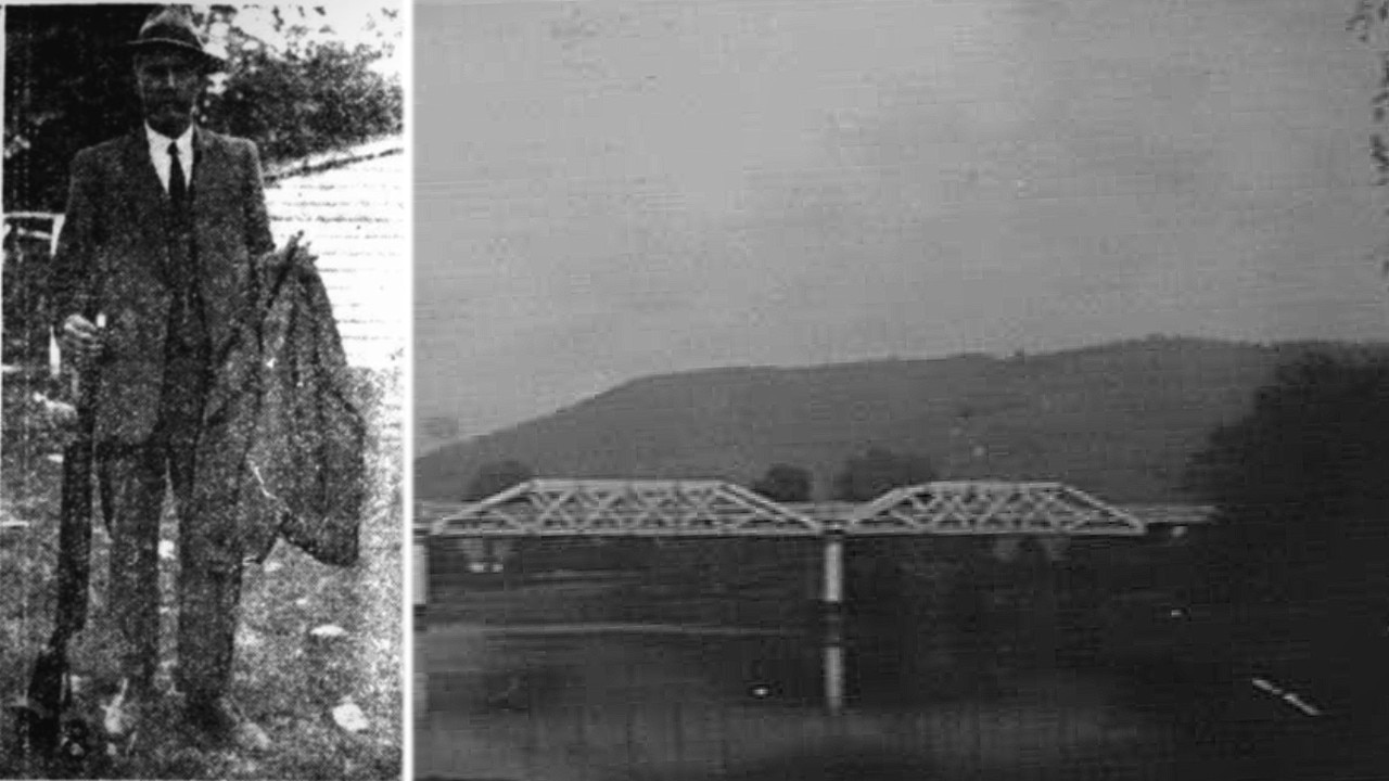 A policeman with Batson’s rifle and clothing after his capture, and the bridge at Jingellic. Pictures: Trove, State Library of Victoria