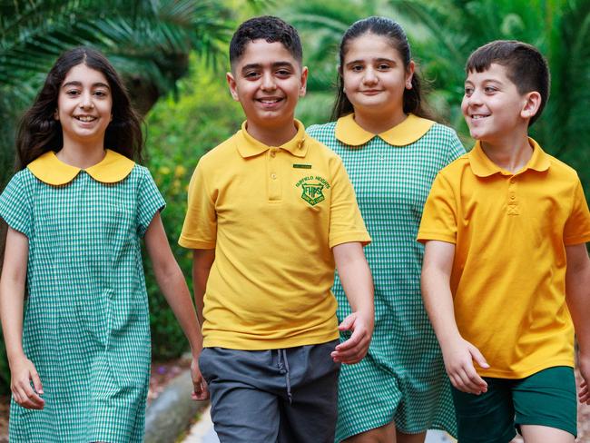 Daily Telegraph. 29, November, 2024.Angel Albelaty, 10, Hawre Rajabi, 9, Emily Enwaya, 11, and Angelo Yadago, 9, from Fairfield Heights Public School which is among the most improved schools in this year's NAPLAN. Picture: Justin Lloyd.