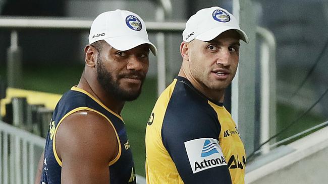 SYDNEY, AUSTRALIA - OCTOBER 07: Injured Eels players Blake Ferguson and Make Sivo watch a Parramatta Eels training session at Kellyville Park on October 07, 2020 in Sydney, Australia. (Photo by Mark Metcalfe/Getty Images)