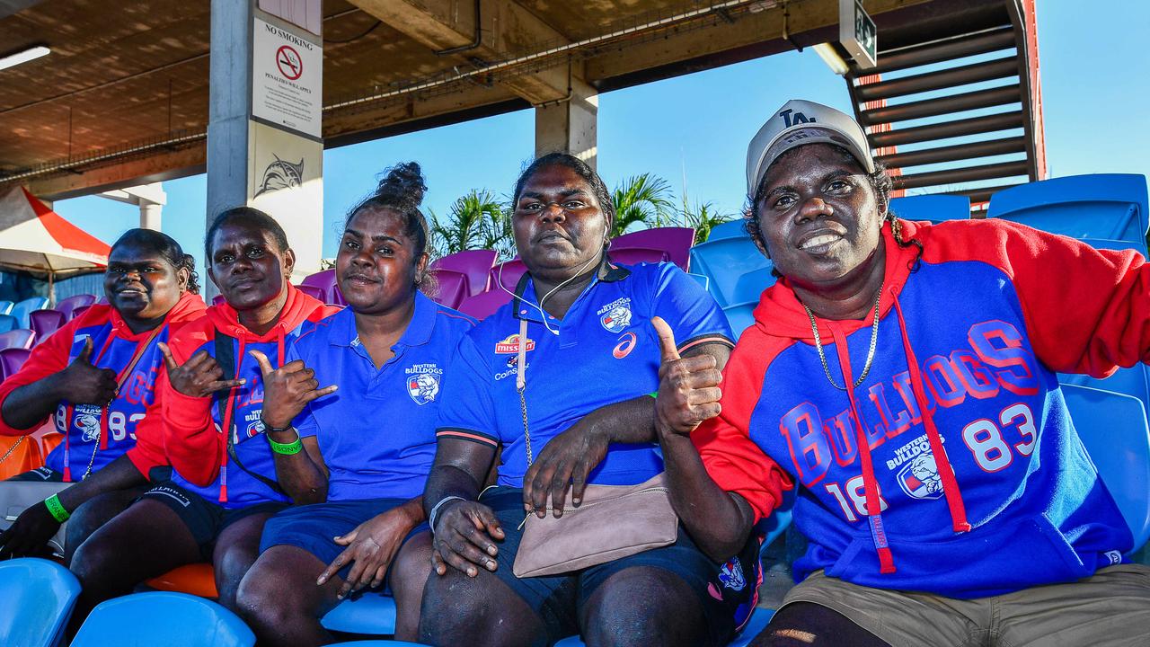 Austina Tipungwuti, Sherayn Puruntatameri, Dulcie Niki , Jovita Tipungwuti, Darrylin Puruntatameri at the Gold Coast Suns match vs Western Bulldogs at TIO Stadium. Pic: Pema Tamang Pakhrin