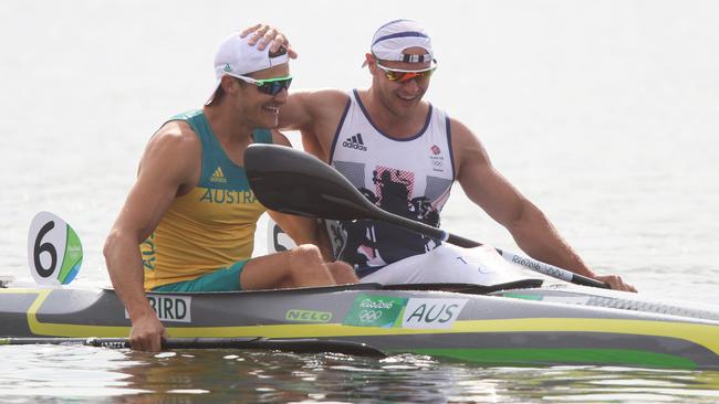 Australia's Stephen Bird celebrating with Gold medallist Liam Heath of Great Britain in the Men's Kayak Single 200m Final. Picture. Brett Costello