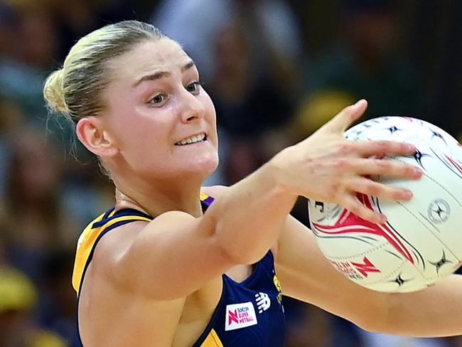 SUNSHINE COAST, AUSTRALIA - MARCH 19: Annie Miller of the Lightning in action during the round one Super Netball match between the Sunshine Coast Lightning and the GWS Giants at University of Sunshine Coast Stadium, on March 19, 2023, in Sunshine Coast, Australia. (Photo by Albert Perez/Getty Images)