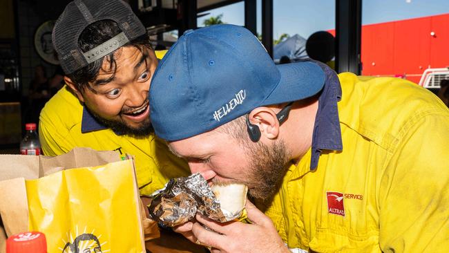 Ahsan Mukhils and Jayden Edwards shared their excitement in the opening of Guzman Y Gomez at Stuart Park, Darwin. Picture: Pema Tamang Pakhrin