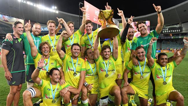 It’s celebration time for the Aussies after their Sydney 7s win.