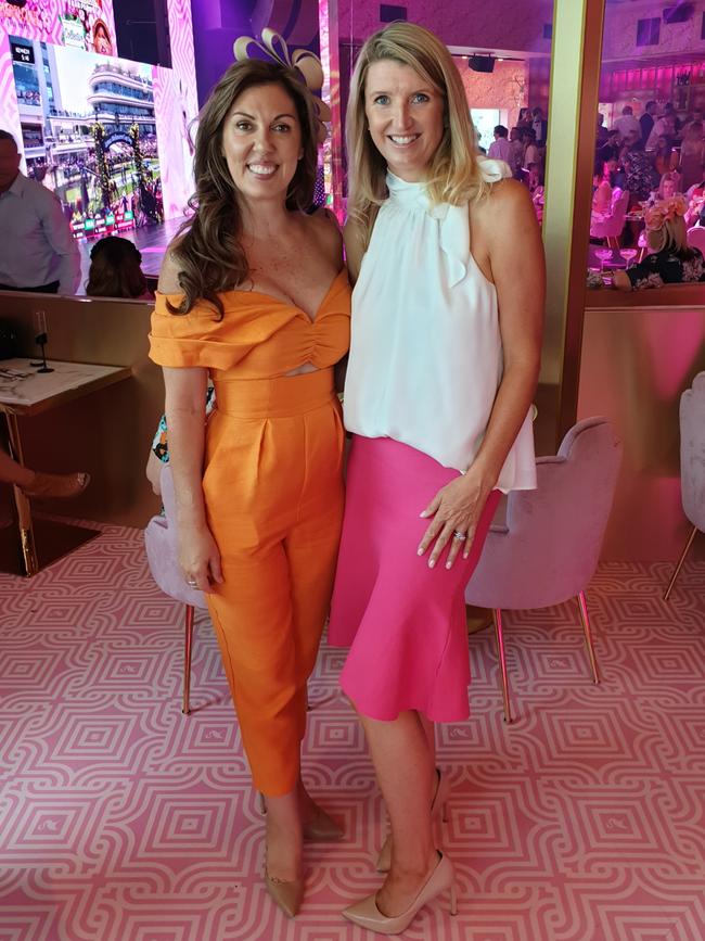 Sue Porrett and Jacqueline Lewis at The Pink Melbourne Cup affair at Pink Flamingo Spiegelclub in Broadbeach. Picture: Andrew Meadowcroft.