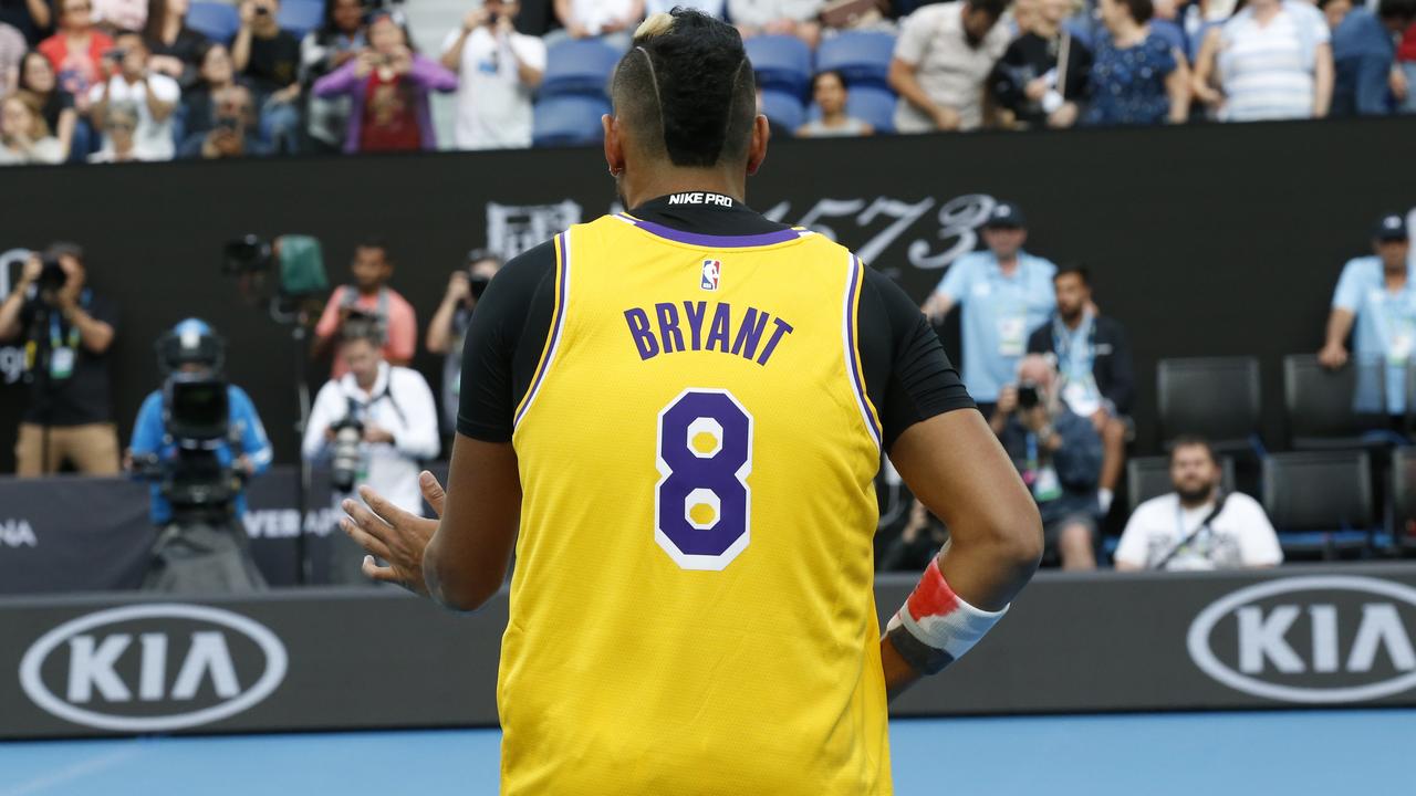 Nick Kyrgios wore a Kobe Bryant jersey on court before his match with Rafael Nadal. Picture: David Caird