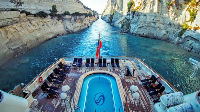 SeaDream Yacht Club in the Corinth Canal in Greece.