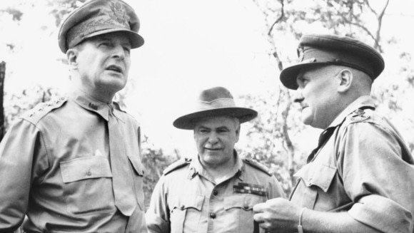 US General Douglas MacArthur, left, Sir Thomas Blamey and Major General Arthur Allen at Owens Corner in PNG on October 3, 1942. Picture: The Australian War Memorial