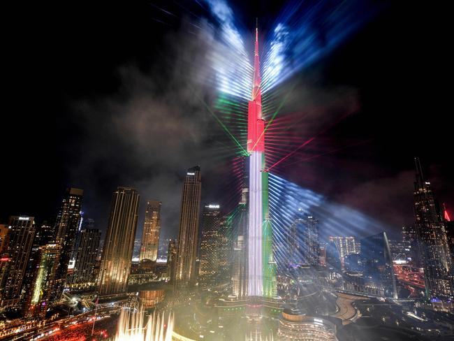 The Burj Khalifa is lit up in the colours of the UAE flag. Picture: AFP