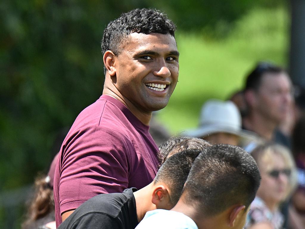 Tevita Pangai Jr watches a pre-season Broncos training session at Red Hill. Picture: Lyndon Mechielsen/Courier Mail