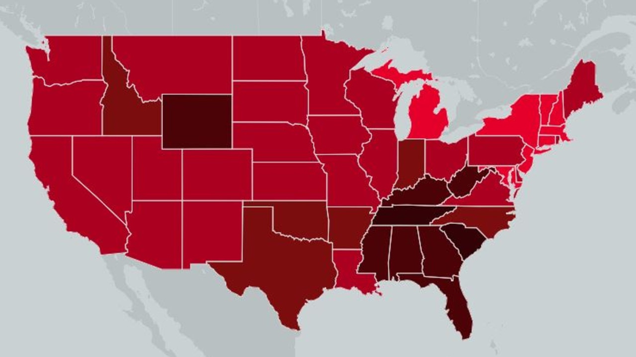 This map shows the rate of Covid cases in each American state at the moment. Red is bad. Black is worse. Picture: Mayo Clinic