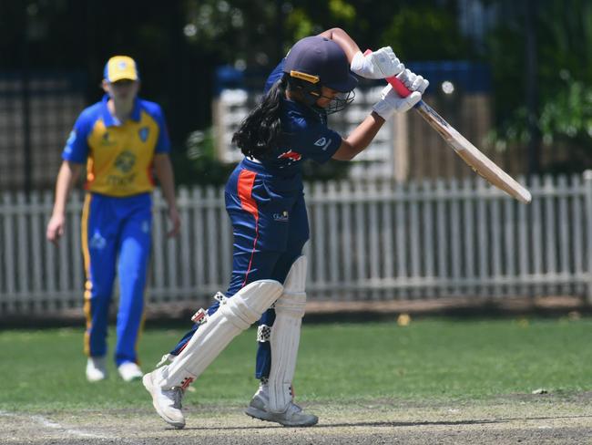 Diya Sambrane drives for Gordon in round two at Chatswood. Picture: Gordon District Cricket Club