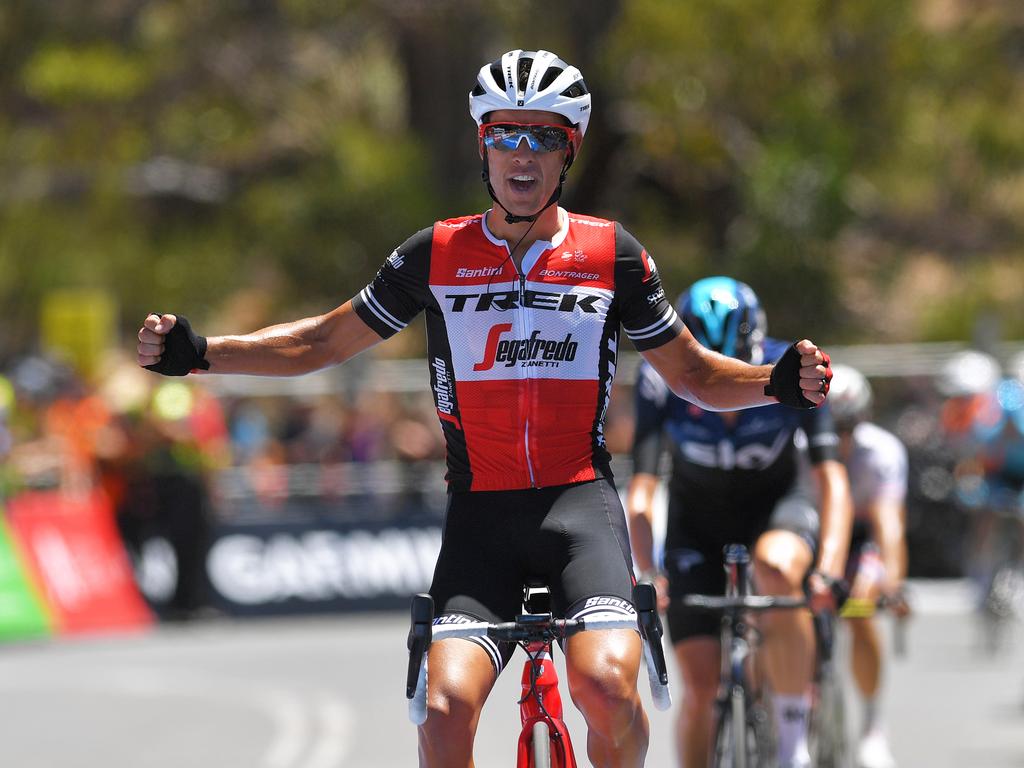 WILLUNGA HILL, AUSTRALIA - JANUARY 20: Arrival / Richie Porte of Australia and Team Trek-Segafredo Celebration / Wout Poels of The Netherlands and Team Sky / Daryl Impey of South Africa and Team Mitchelton-Scott / during the 21st Santos Tour Down Under 2019, Stage 6 a 151,5km stage from McLaren Vale to Willunga Hill 374m / TDU / on January 20, 2019 in Willunga Hill, Australia. (Photo by Tim de Waele/Getty Images)