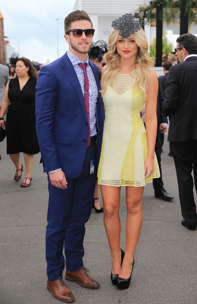 Marc Murphy and Jessie Habermann in the Birdcage at the 2014 Melbourne Cup. Picture: Alex Coppel.