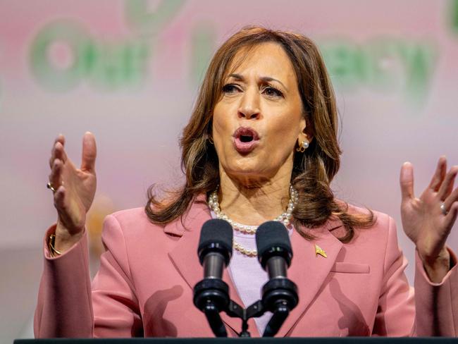 DALLAS, TEXAS - JULY 10: U.S. Vice President Kamala Harris speaks to members of the Alpha Kappa Alpha Sorority at the Kay Bailey Hutchison Convention Center on July 10, 2024 in Dallas, Texas. The Vice President spoke to approximately 20,000 members from her sorority in a continued effort to rally support ahead of the upcoming November Presidential election.   Brandon Bell/Getty Images/AFP (Photo by Brandon Bell / GETTY IMAGES NORTH AMERICA / Getty Images via AFP)