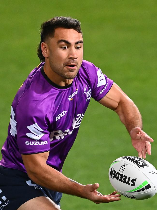 MELBOURNE, AUSTRALIA - MAY 30: Jahrome Hughes of the Storm warms up for the round three NRL match between the Melbourne Storm and the Canberra Raiders at AAMI Park on May 30, 2020 in Melbourne, Australia. (Photo by Quinn Rooney/Getty Images)