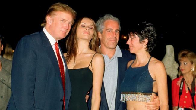 A young Donald Trump, left, with then-girlfriend and future wife Melania Knauss, financier (and future convicted sex offender) Jeffrey Epstein, and British socialite Ghislaine Maxwell at the Mar-a-Lago club, Palm Beach, Florida, in 2000. Picture: Davidoff Studios/Getty Images)