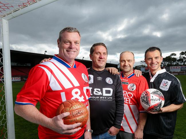 Club legends gathered at Knights Stadium to reflect on their first NSL title win against Adelaide City, as they prepare to play Adelaide United in Wednesday's FFA Cup. Left to right: Andrew Marth, Mark Silic, Ollie Pondeljak and Fausto De Amicis. Picture: Ian Currie