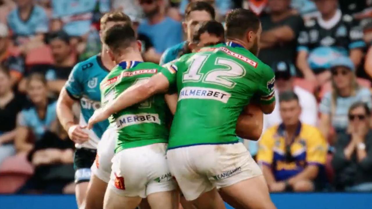 This tackle looks a lot like direct contact to the head. Pic: NRL