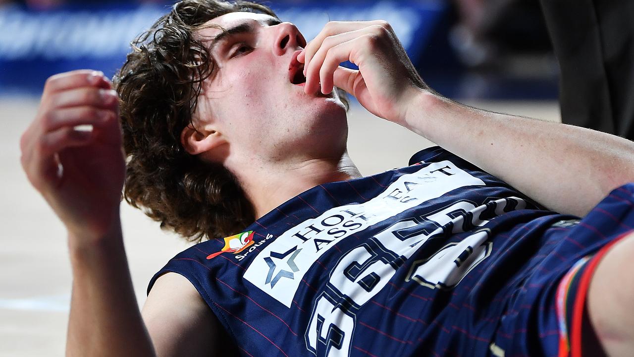 Giddey hits the deck after a dunk gone wrong. Picture: Mark Brake/Getty Images