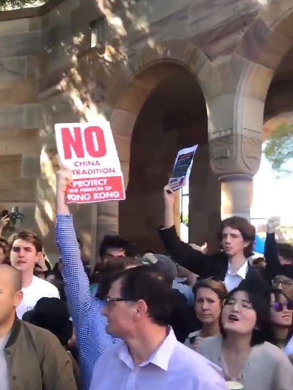 Pro-Hong Kong protesters at UQ. Picture: News Corp Australia